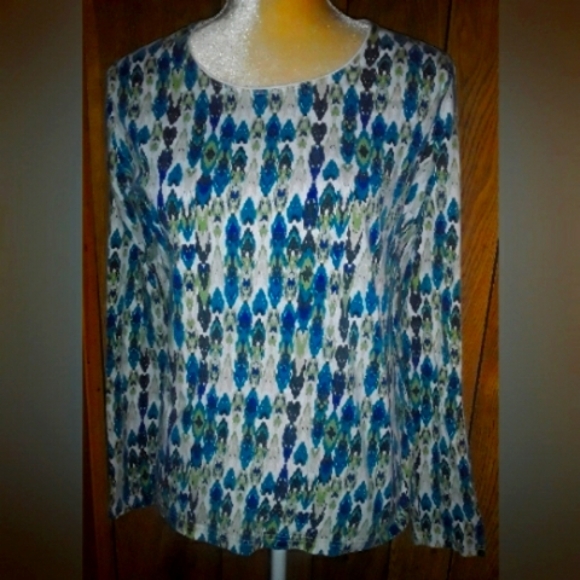 Womans Size Large Multicolored Blouse Round Neck Loosefit Top Longsleeved Shirt - Picture 1 of 5